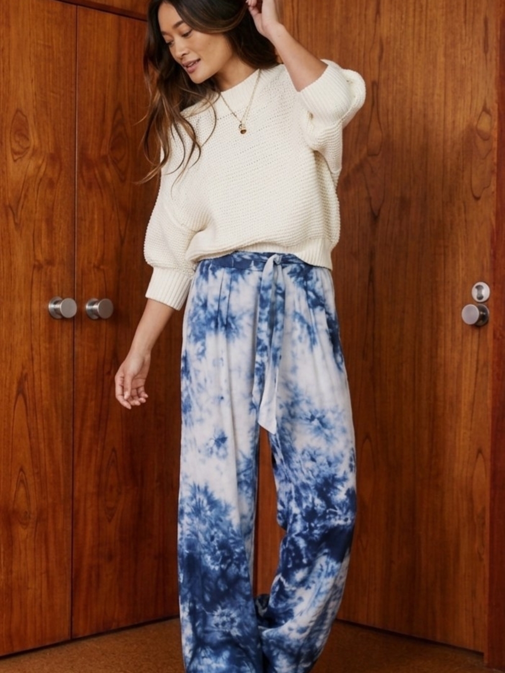 cloth & stone By Anthropologie Blue and White Tie-Dye Wide-Leg Tie-Waist Pants